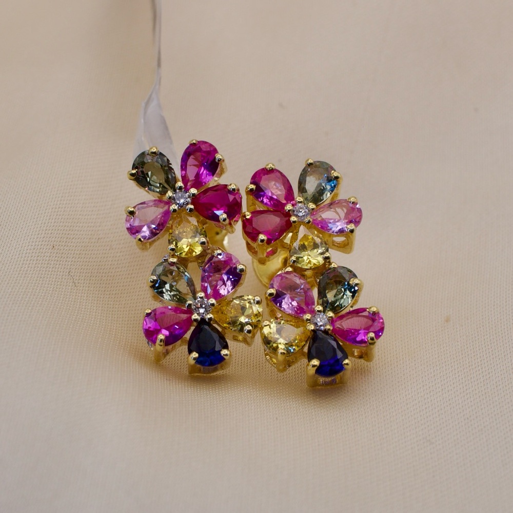Gold 925 Silver Floral Cluster Earrings | 3.42 CT Lab Sapphire + 0.06 CT Diamond